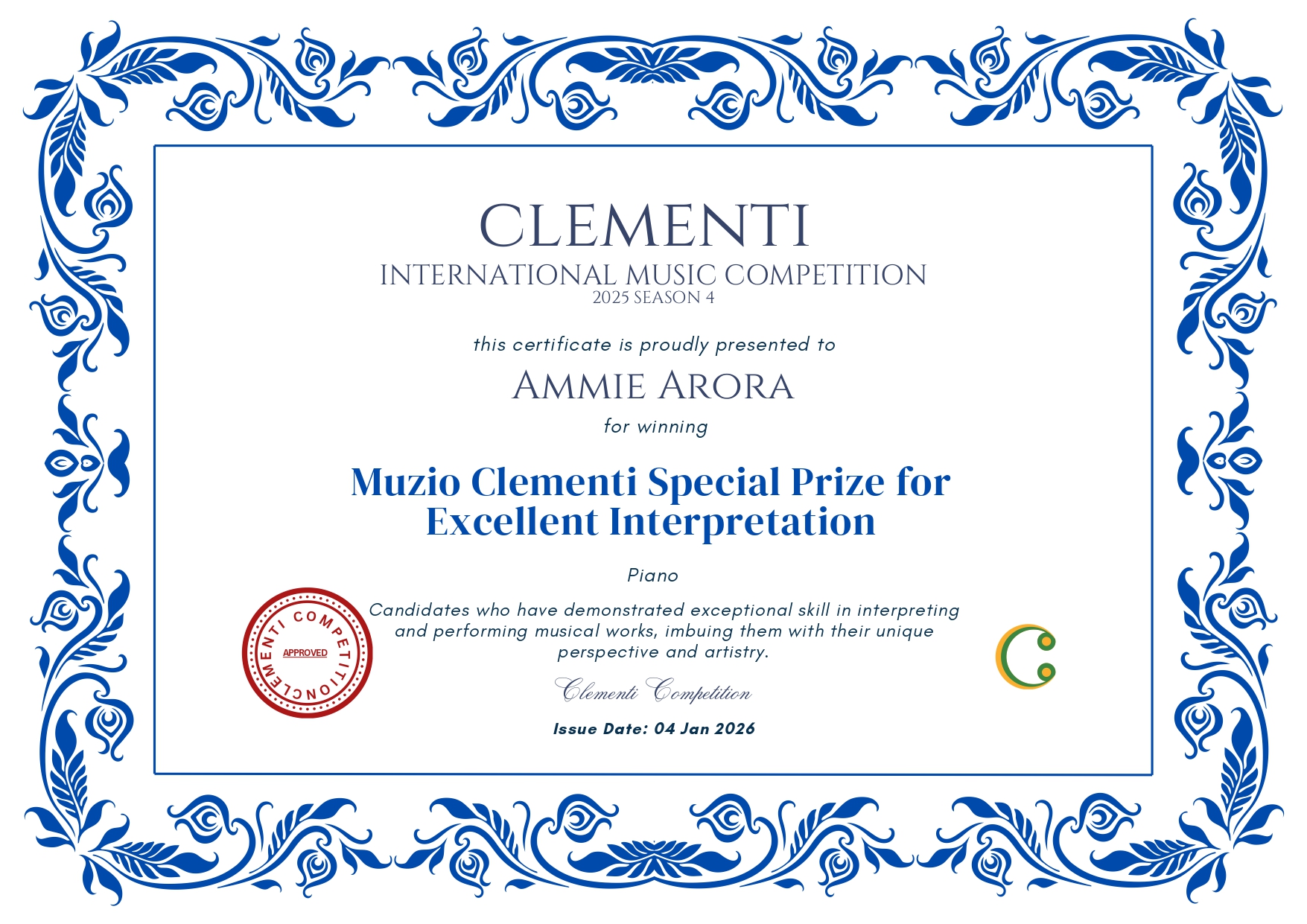 Muzio Clementi Special Prize for Excellent Interpretation